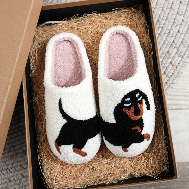 2024 Explosions European and American Cross-border Cotton Slippers for Men and Women Home Winter Dachshund Animal Embroidery Warm Temu Hair