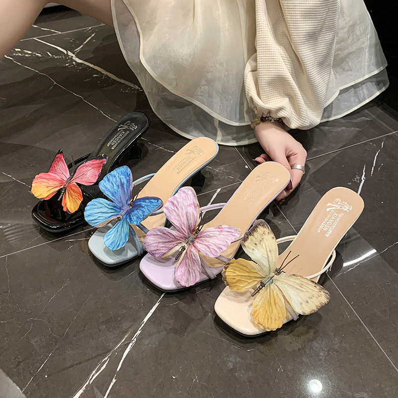 Open Toe Slippers Women Sexy Butterfly High Heels 2025 Summer New Fairy Style Dress Outer Wear Sandals Mid-Heel