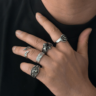 European and American Fashion Gothic Style Skull Gemstone Ring Men's Trendy Hip-Hop Niche Men's Personalized Ring Bracelet Set