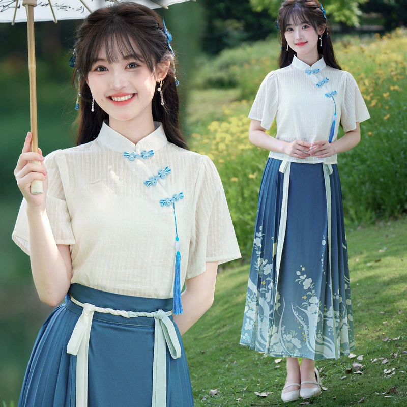 Новая юбка мамиан для девочек в китайском стиле, костюм-двойка Cheongsam, новинка лета 2024, повседневные женские топы с элементами Хань