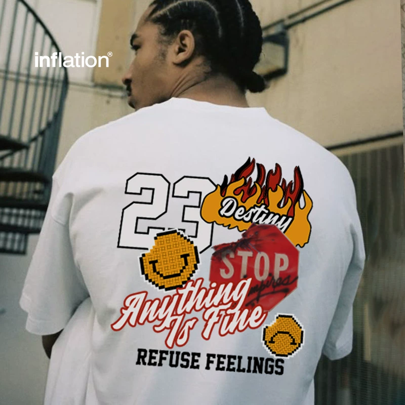 Jiezhan Men | Американская уличная футболка с принтом пламени 2025 весна и лето новая свободная блузка с короткими рукавами с круглым вырезом