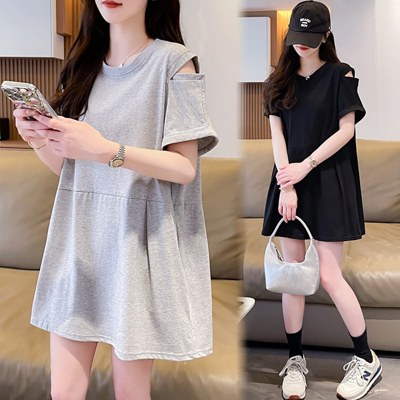 Pure Cotton plus size Women's Clothing Design Sense Shoulder Short-sleeved T-shirt Women's Summer chubby girl Pregnant Women's Loose Slimming Mid-length Top