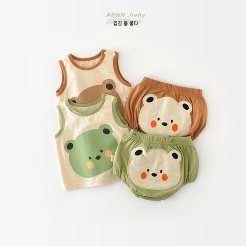 Infant summer suit children's new cartoon sleeveless vest male and female baby cute big pp pants newborn