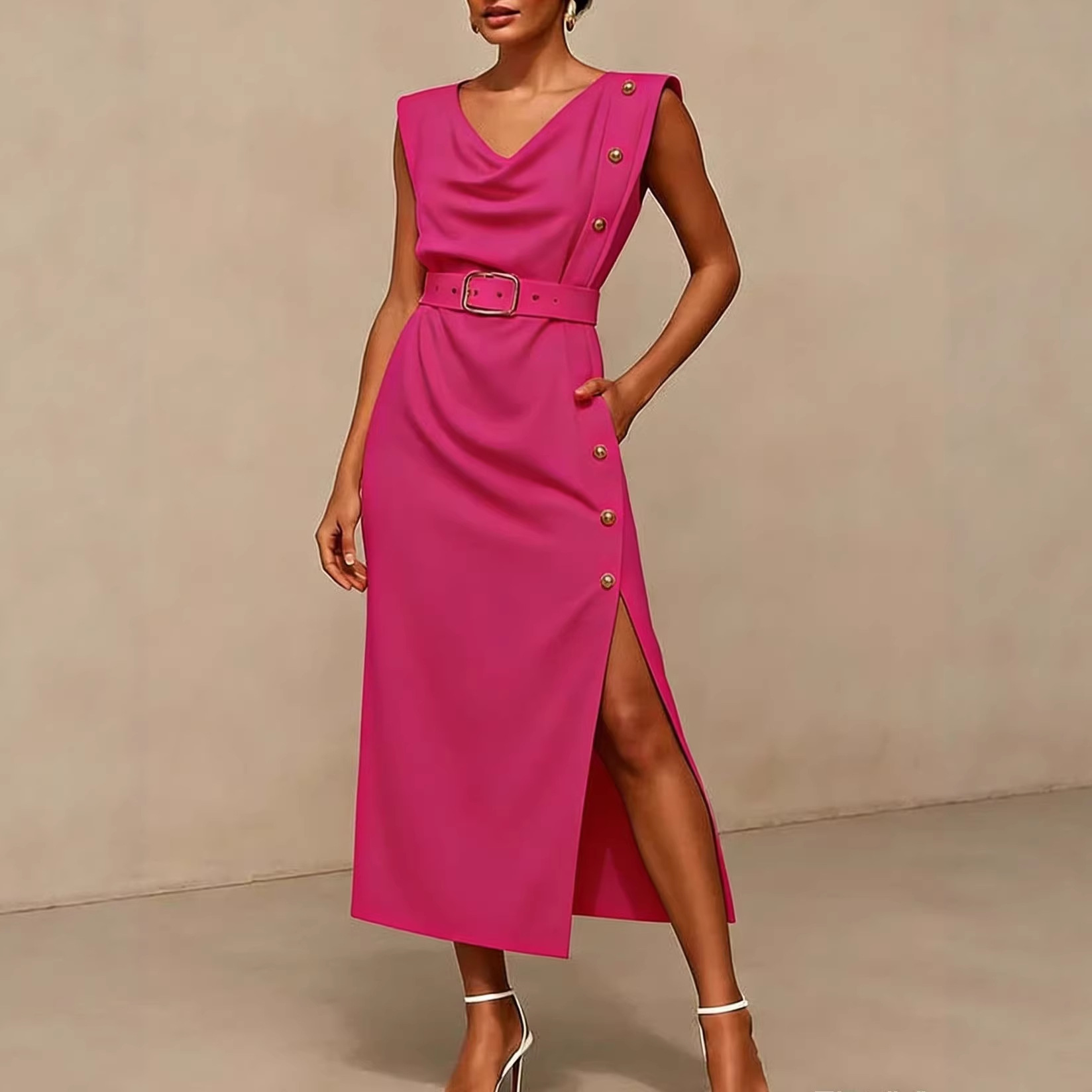 Women's Clothing Summer Women's Button Sleeveless Slit Dress Waist Cinching Commuter Style For Formal & Casual For Women_ecoleips.com