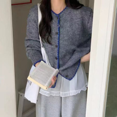 圆领撞色缝线边高感针织衫外套女2025秋冬新款慵懒风针织衫上衣女
