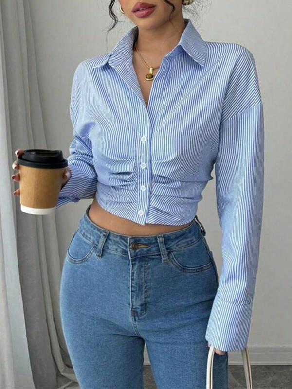 现货跨境亚马逊一件女士休闲条纹短款百褶长袖衬衫|undefined