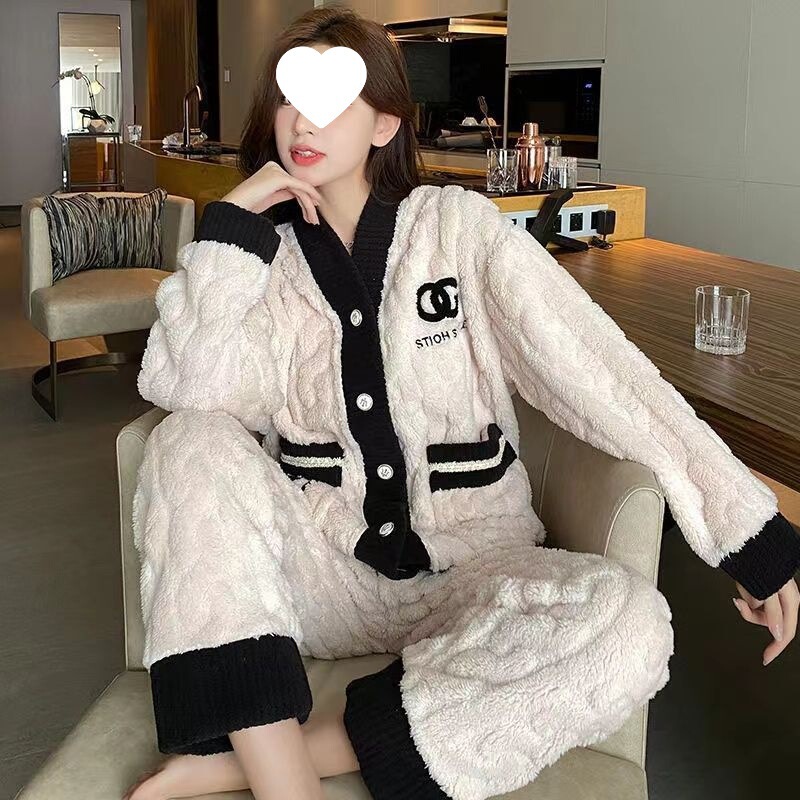 J7H Autumn and Winter Flannel Women's Winter Thickeneded Fleece-Lined Cute Coral Velvet Loose Home Wear Set New Style
