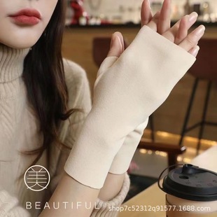Gloves Women's Autumn and Winter fleece-lined Half-Finger Warm Velvet Wrist Protection Typing Short Gloves for Male Students
