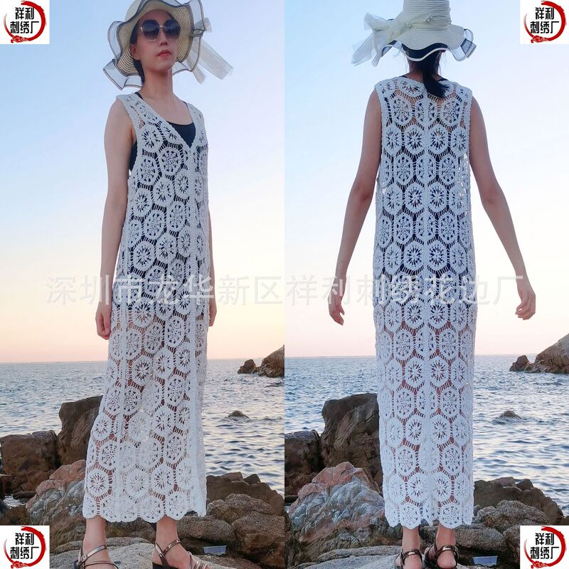 European and American style crocheted hollow vest long shawl women's V-neck heavy-duty knitted retro artistic sleeveless cardigan outer wear