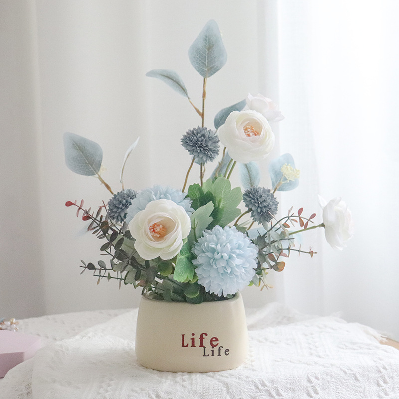 Simulation potted plant refrigerator ceramic ornaments for desk, featuring ping-pong chrysanthemums—artificial flowers perfect for bedrooms, living rooms, dining tables, and TV cabinets, also ideal as store displays.