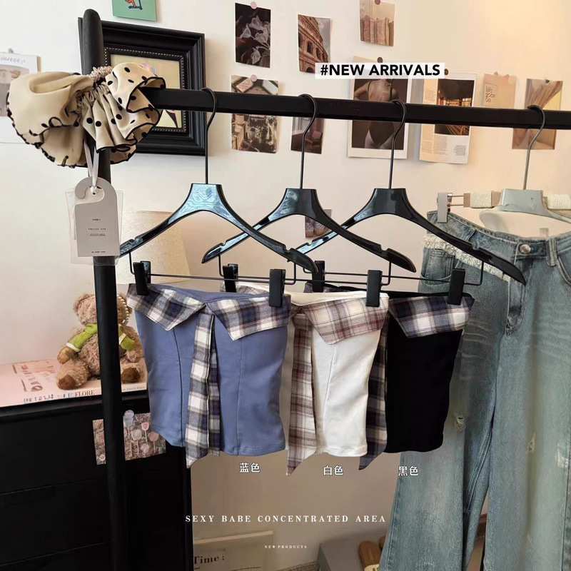 Hot Girl College Style Plaid Tie Tube Top Non-Slip Vest for Women with Breast Pads Slim Fit Inner Top with Backless Design