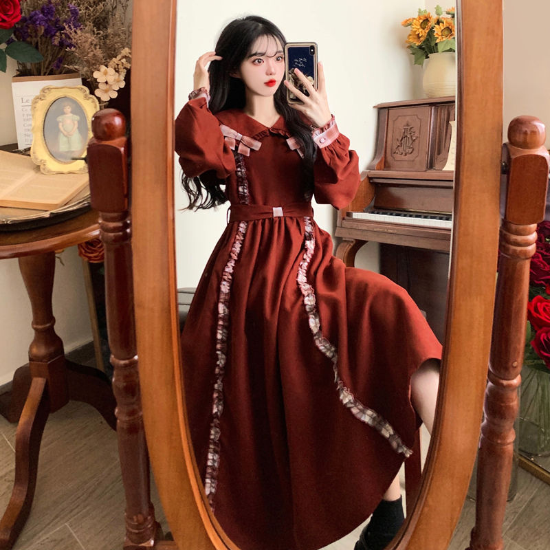 大码胖学院风减龄蝴蝶结连衣裙女秋冬季胖妹妹显瘦灯芯绒长裙子|undefined