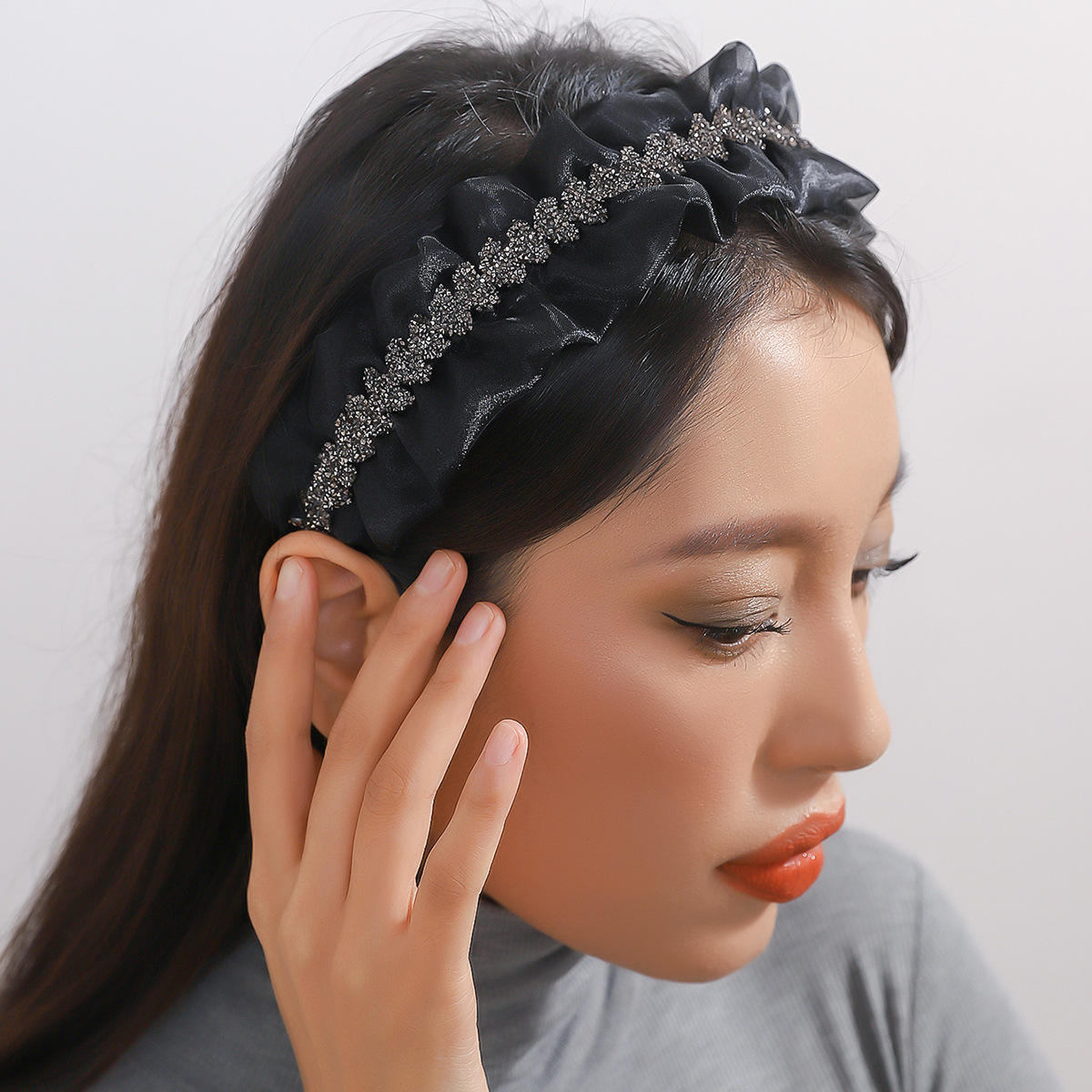 Otoño e invierno nuevo popular en línea popular malla plisada rhinestone luz diadema de lujo borde ancho moda de alto grado alto cráneo superior accesorios para el cabello