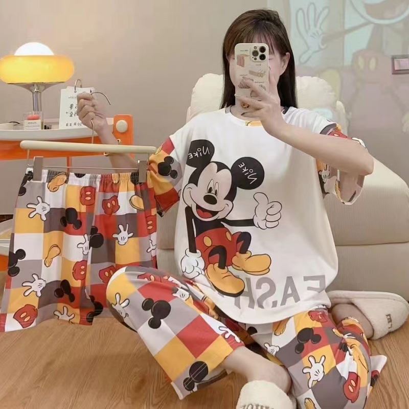 Pijamas de verano transfronterizos pijamas de leche de seda de tres piezas set de dibujos animados comercio exterior ropa para el hogar pantalones de mangas cortas lindos