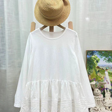 秋装新品 日系文艺纯色圆领蕾丝拼接宽松长袖T恤女套头衫休闲打底