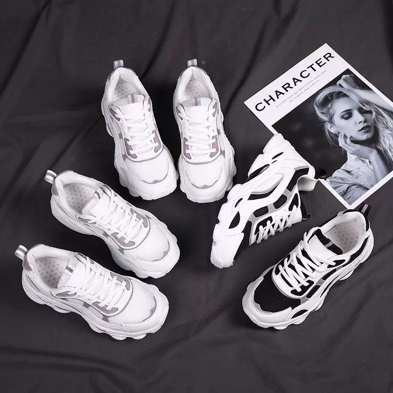 厚底女鞋老爹鞋网面透气跑步鞋子软底轻便内增高百搭休闲旅游鞋秋