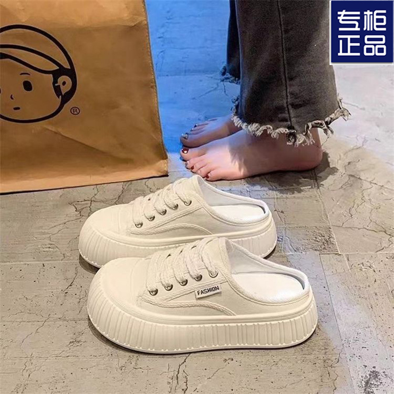 2025 Baotou Slippers 2025 Autum New White Shoes Canvas Shoes Biscuit Pedal Shoes Half Slippers Women's Outer Wear