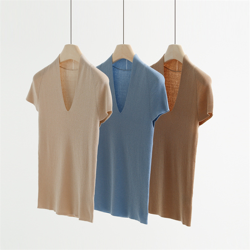 Glitter Wool V Neck Short-Sleeved Knitwear for Women Autumn New Work Clothing Slimming Look Inner Base Top A65633