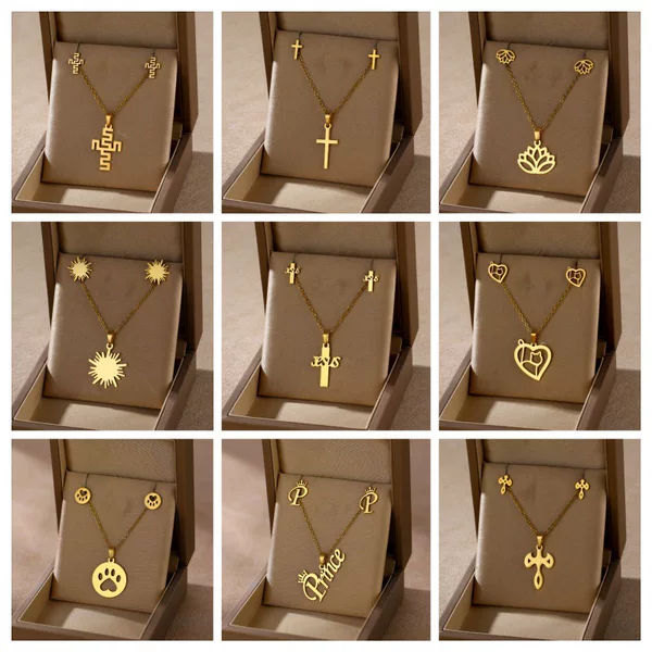 European and American Cross-Border New Stainless Steel Necklace and Earrings Set for Women, Glossy Personalized Simple Set Wholesale