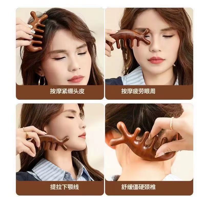 檀木海豚五指按摩梳经络梳按摩檀木梳子加厚宽齿圆头刮痧梳批发|undefined
