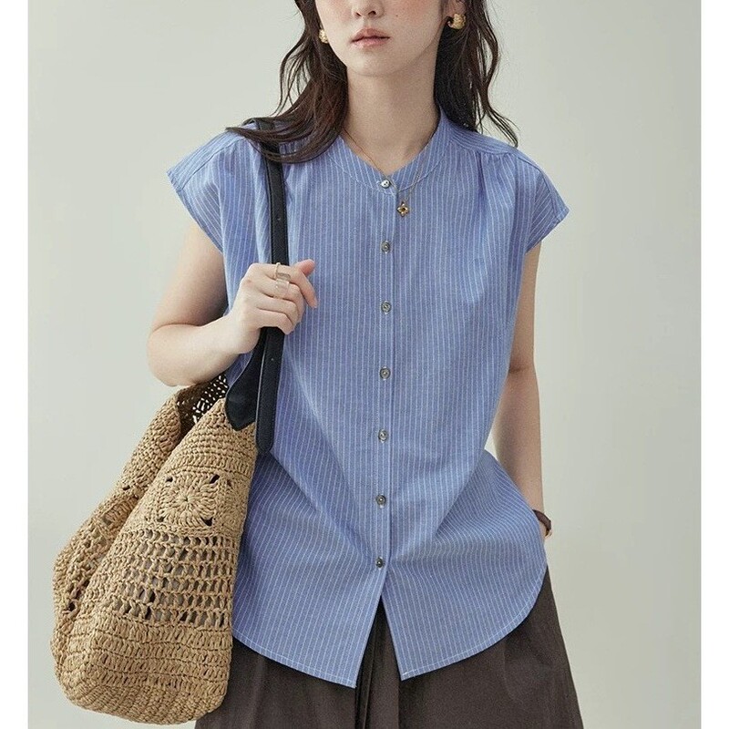"Beidao" Blue Striped Back-Tie Flutter-Sleeve Shirt for Women, New Summer Style Loose Button-Up Top "Beidao" Blue Striped Back-Tie Flutter-Sleeve Shirt for Women, New Summer Style Loose Button-Up Top