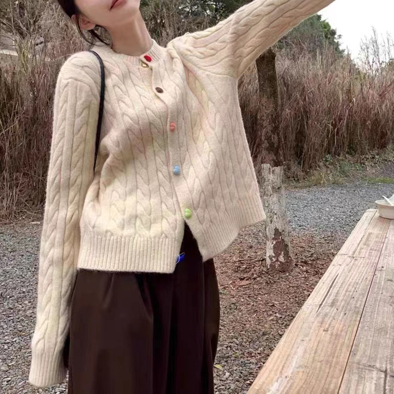 彩虹扣毛衣外套女韩版甜美学院风外搭秋冬季宽松软糯女式针织开衫|undefined