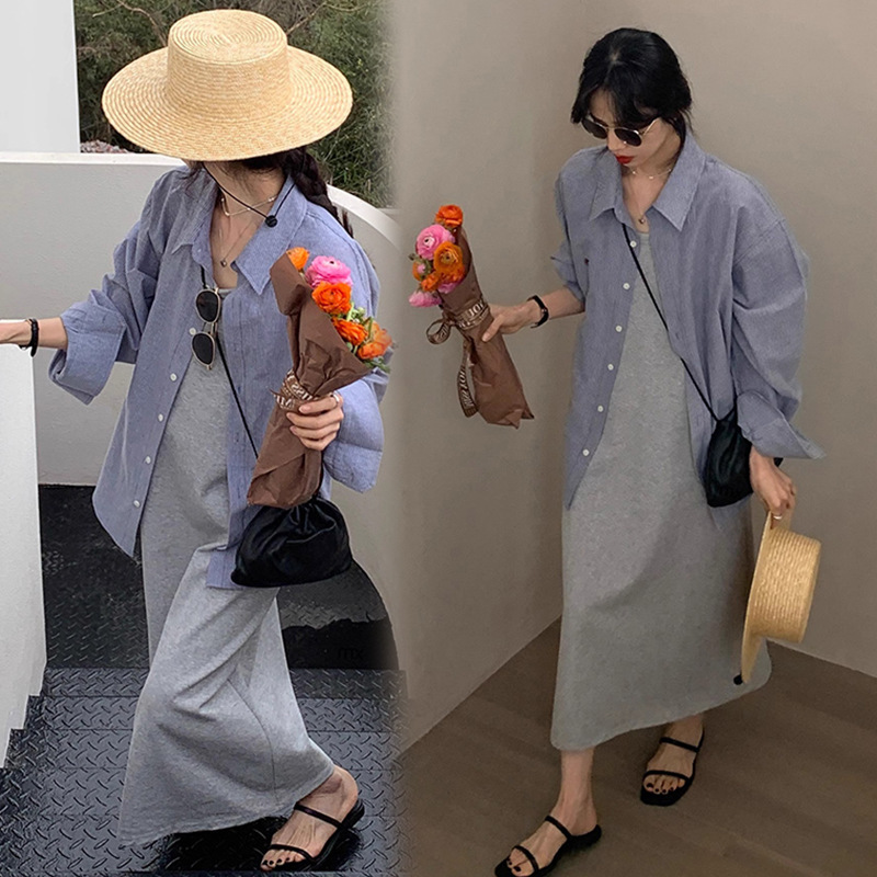 2025 New Maternity Suit French Style Vest Dress + Korean Style Loose Shoulder Sleeve Stripesd Shirt 2025 New Maternity Suit French Style Vest Dress + Korean Style Loose Shoulder Sleeve Stripesd Shirt