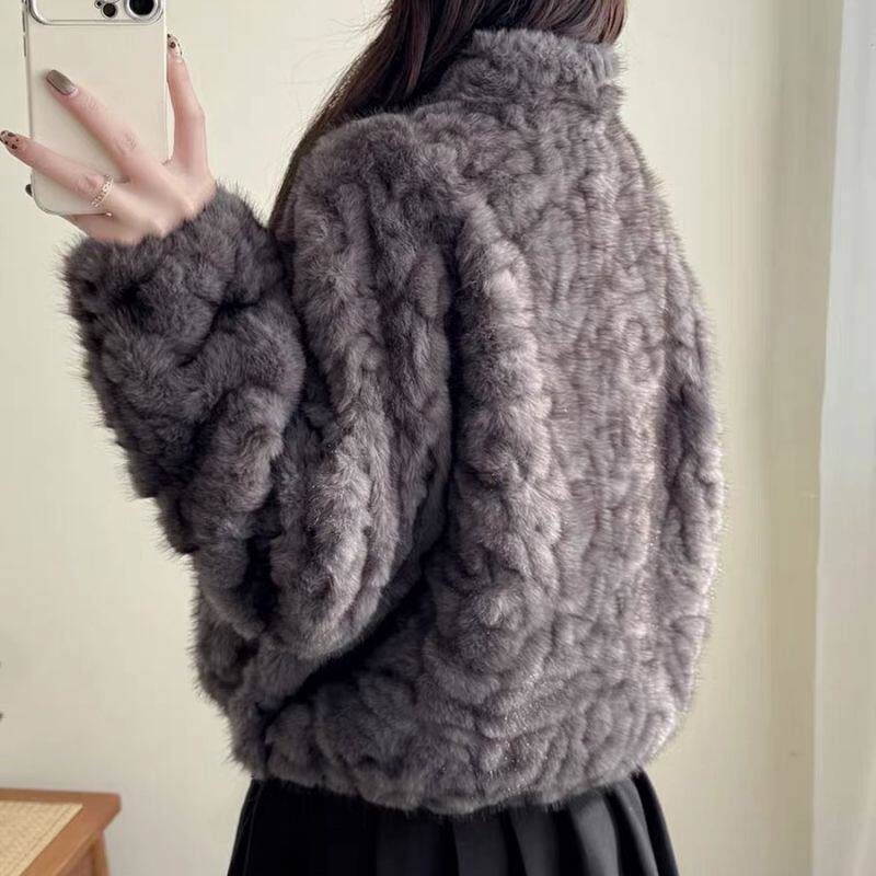 Áo khoác lông giả chồn cổ đứng cài khuy sừng, dáng rộng tôn dáng, dày dặn mùa thu đông — Màu be [lót lông], Màu be sữa [lót lông], Màu gạo cống [lót lông], Màu hồng da [lót lông] chi tiết 6