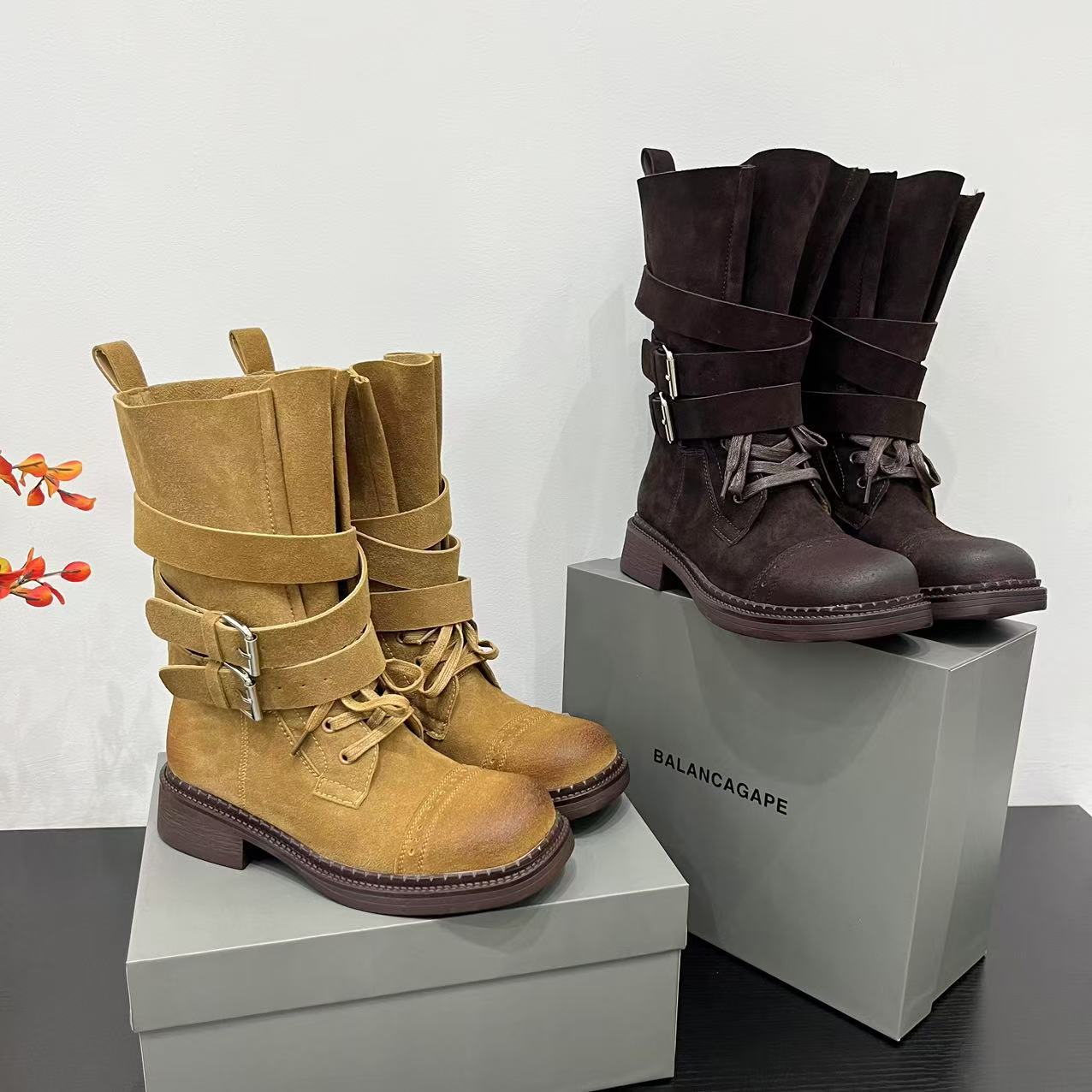 Genuine Leather Boots for Women 2025 Autum New Frosted Cowhide Mid-Calf Boots Belt Buckle British Style Thick-Soled Motorcycle Boots