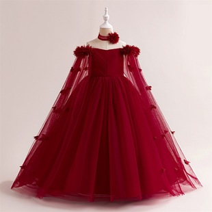 European and American Girls' Dress Shoulder Long Cape dress European and American Children's Princess Dress Poncho Yarn Show Dress
