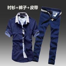 夏季新款男士韩版短袖衬衫牛仔套装男潮流修身休闲帅气薄寸衫