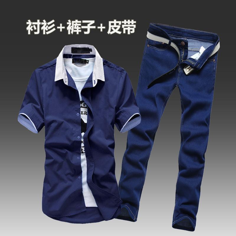 夏季新款男士韩版短袖衬衫牛仔套装男潮流修身休闲帅气薄寸衫