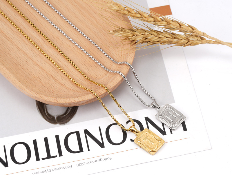 Fashion Letter Square Titanium Steel Inlaid Gold Necklace