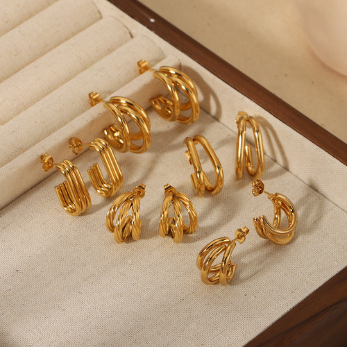 European and American INS style Internet celebrity titanium steel earrings 18k gold double line three line C-shaped earrings light luxury high-end earrings earrings