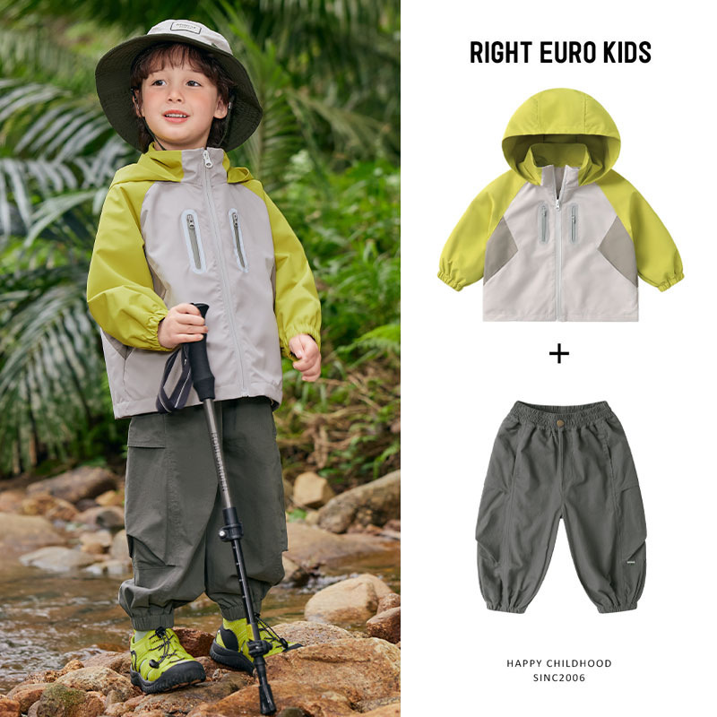 Boys Suit Waterproof Hooded Jacket Long Pants Spring Clothing 2025 New Spring & Fall Kidsren's Clothing Kidsren's Baby Two-Piece Set