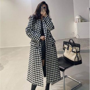 Woolen Outwear Women's 2023 Autumn and Winter New Korean Style Fashionable Classic Houndstooth Mid-Length Over-The-Knee Woolen Outwear