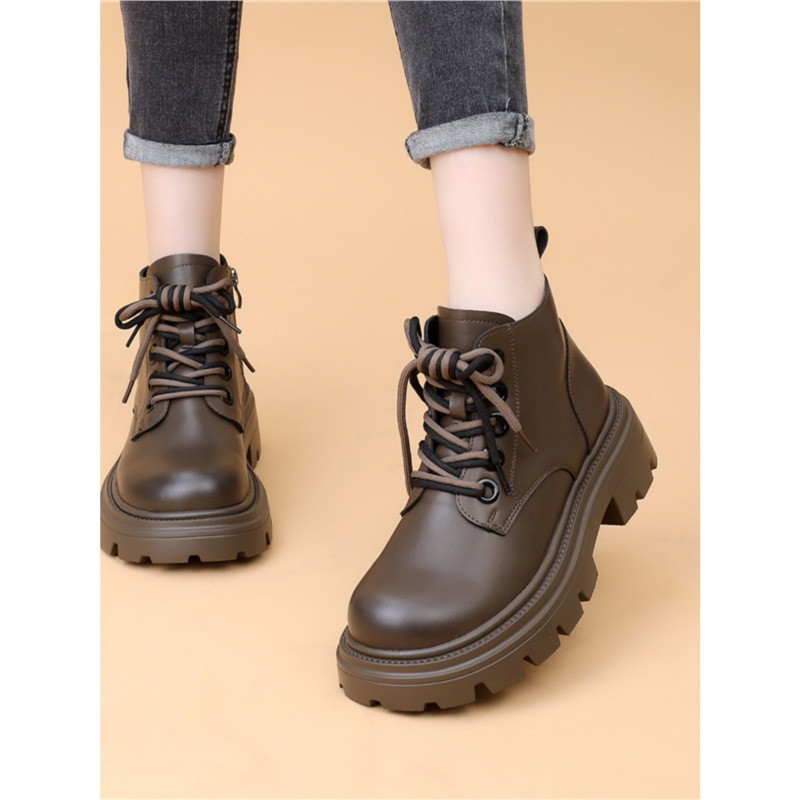 Genuine Leather Thick-Soled Boots for Women 2024 Autumn and Winter New Fashion Short Boots Soft-Soled Black Street Plus Velvet Cotton Boots