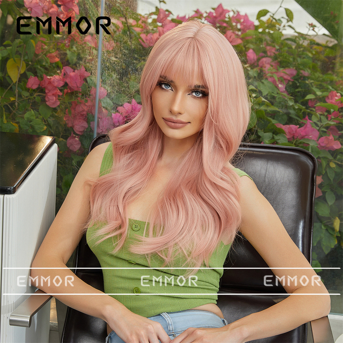 Emmor Internet celebridad pomelo rosa femenina grupo pelo Color peluca hembra recta Bangs largo pelo rizado natural alta temperatura resistente cubierta de la cabeza completa