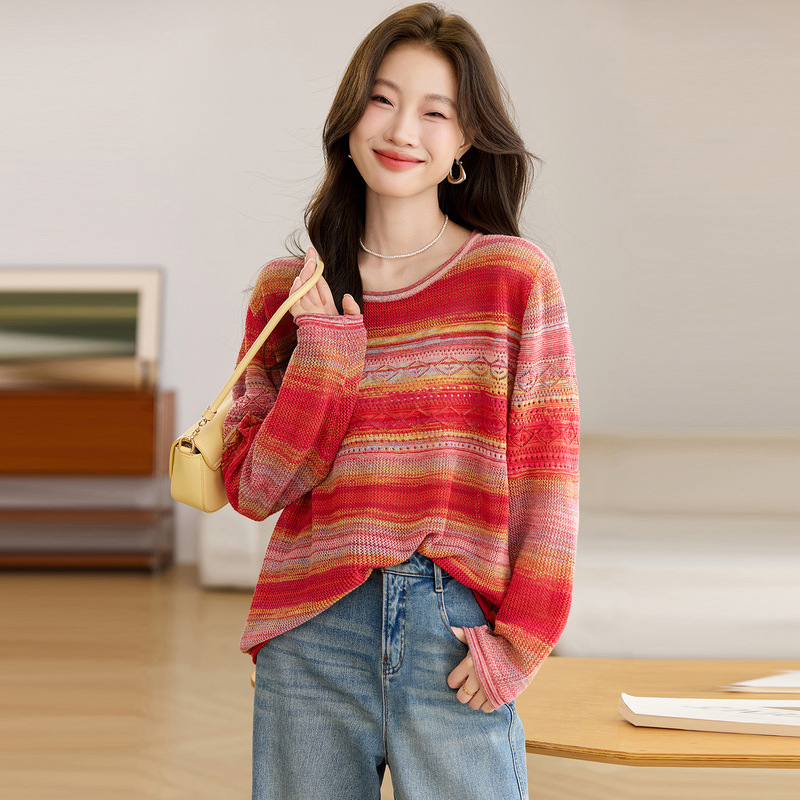慵懒风宽松条纹提花毛衣女秋冬外穿2025新款高级感内搭针织打底衫|undefined