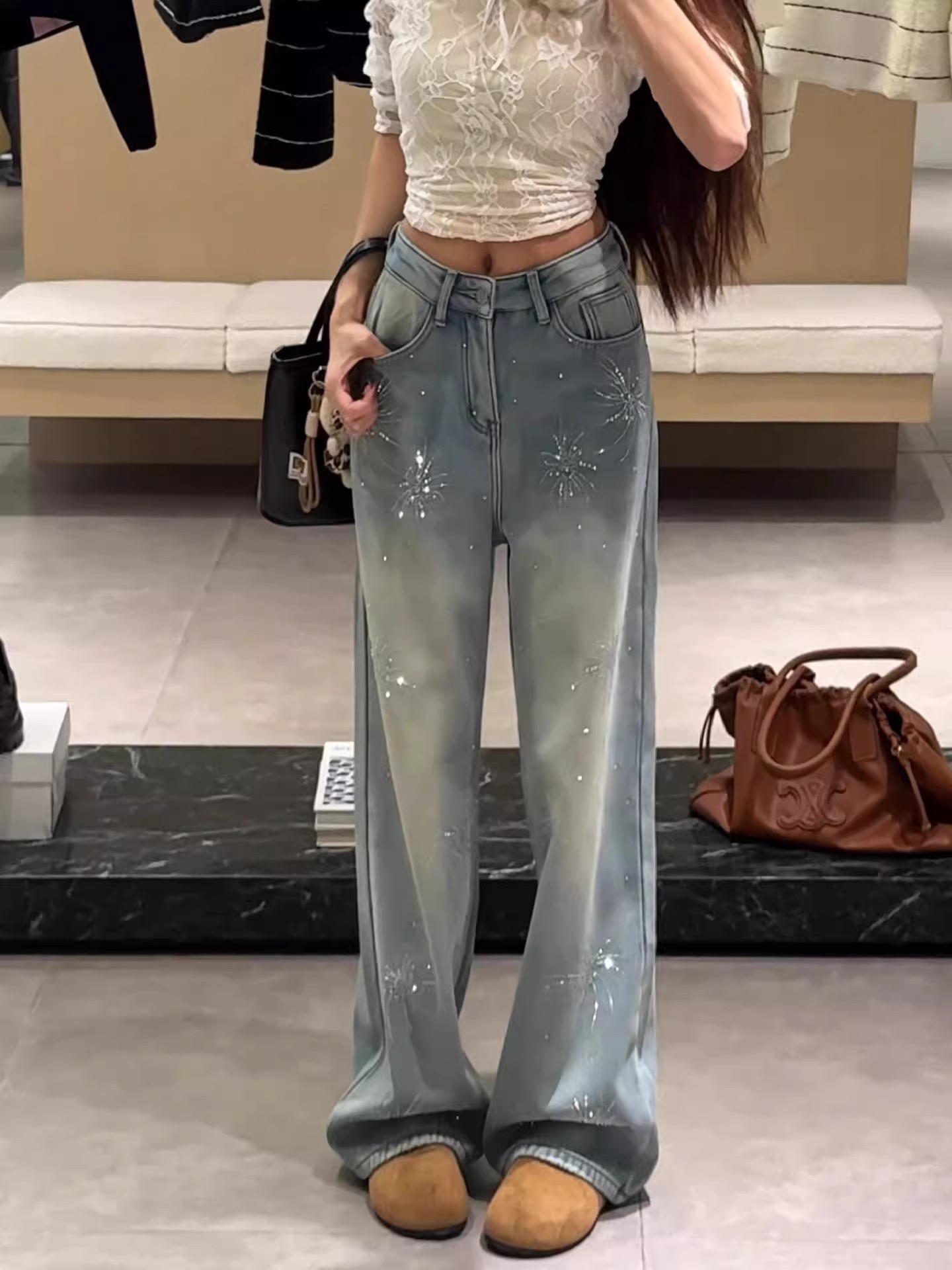 Women's Light Blue Flared Jeans With Firework Rhinestone Details_voghion.com