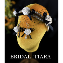 赫本风写真影楼复古新娘发带法式优雅白色珍珠花朵发箍耳环套装