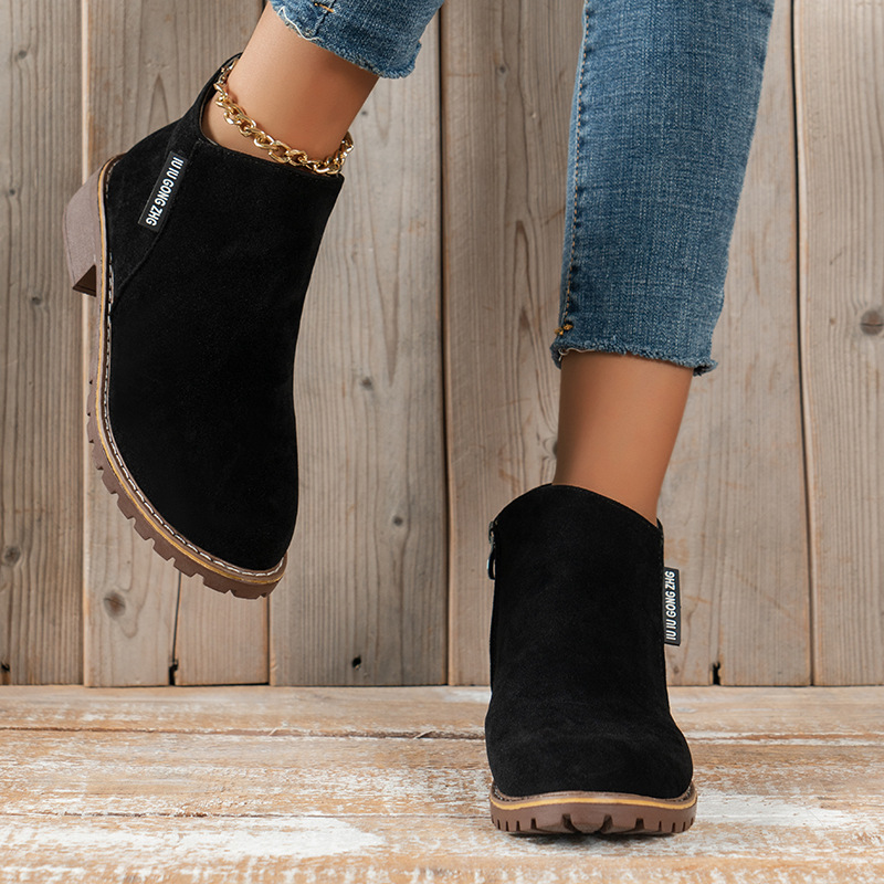 Neue Herbst/Winter-Stiefeletten für Damen im Vintage-Stil mit kurzem Bein, dickem Absatz und flachen Reißverschlüssen an der Seite_voghion.com