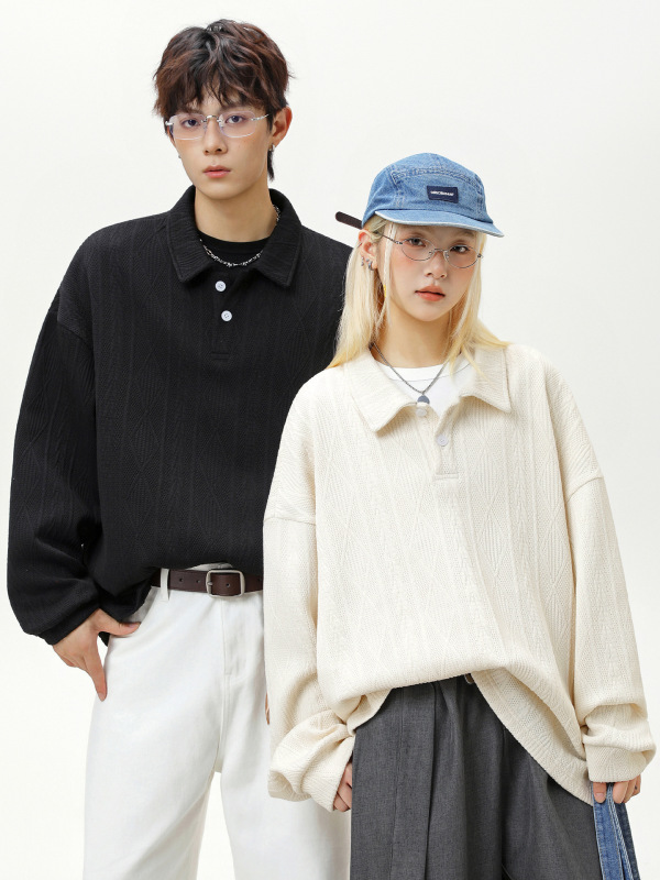 男性と女性のための厚手の質感のジャカードラペルスウェットシャツ、秋のルーズレトロなオールドマネースタイルの長袖ポロプルオーバー|undefined