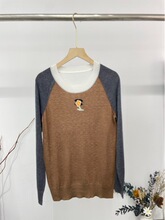 高版本25早秋女装圆领长袖撞色条纹字母刺绣修身打底女针织套头衫