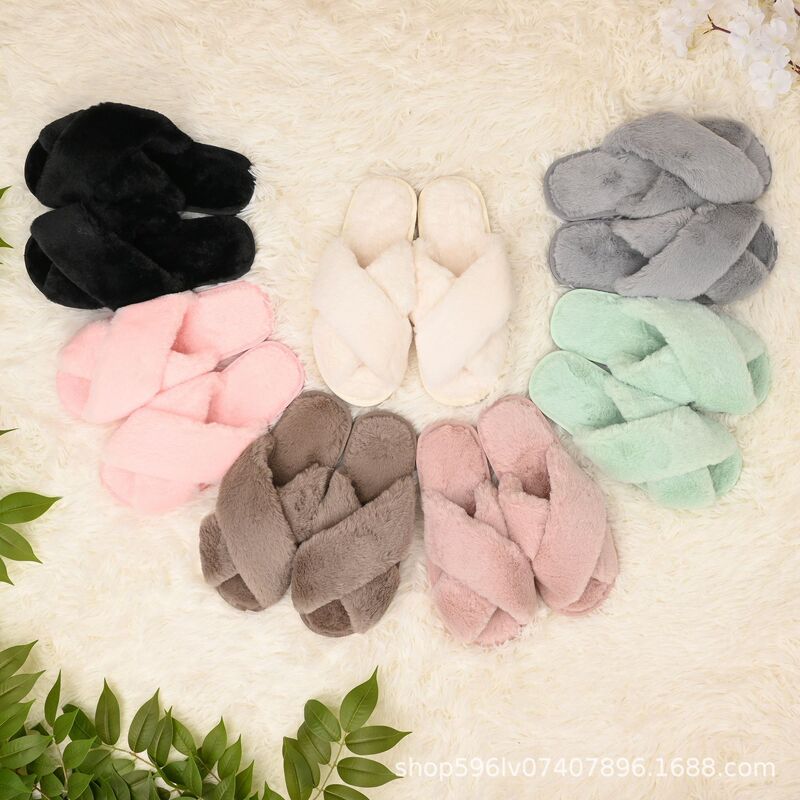 ETSY Personalized Cross Mao Mao Slippers Women's Winter Foreign Trade Amazon Indoor Plush Flat Bottom Open Toe Cotton Slippers