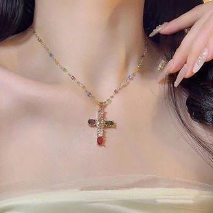 Color cross contrast crystal necklace women's niche design ins temperament high-end super flash zircon clavicle chain