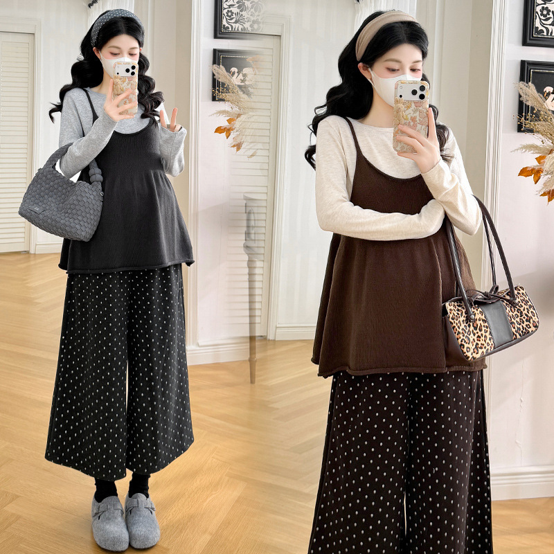 New autumn set for pregnant women: two-piece vintage autumn-winter fashion outerwear sweater + slimming polka dot cropped pants New autumn set for pregnant women: two-piece vintage autumn-winter fashion outerwear sweater + slimming polka dot cropped pants