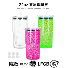 现货20oz塑料汽车杯户外便携式塑料杯漆转印透明盖冰霸杯批发水杯
