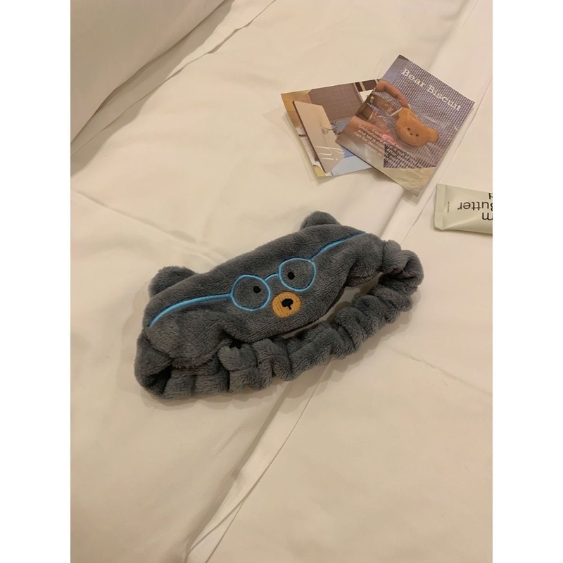 新款可爱眼镜小熊洗脸发带秋冬毛绒发饰化妆敷面膜防滑松紧束发带|undefined