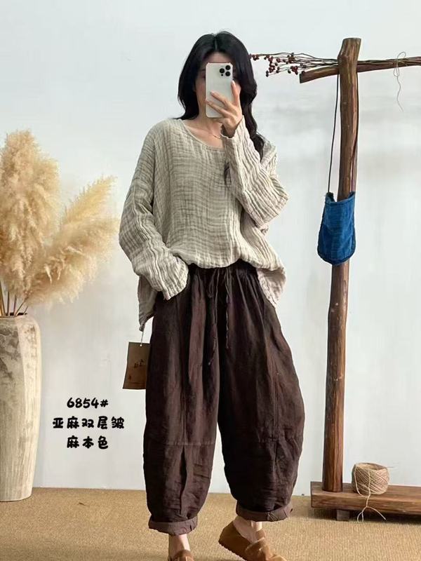 高端肌理亚麻女装宽松百搭T恤女秋季新款文艺范复古风慵懒衬衫女|undefined